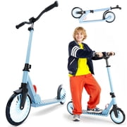 Kick Scooter for Kids, Foldable Lightweight Design with 4-Level Adjustable Handlebar & 8 Shock-Absorbing Wheels, Max Speed Up to 15 mph, Ages 6-18, Non-Electric, Light Blue