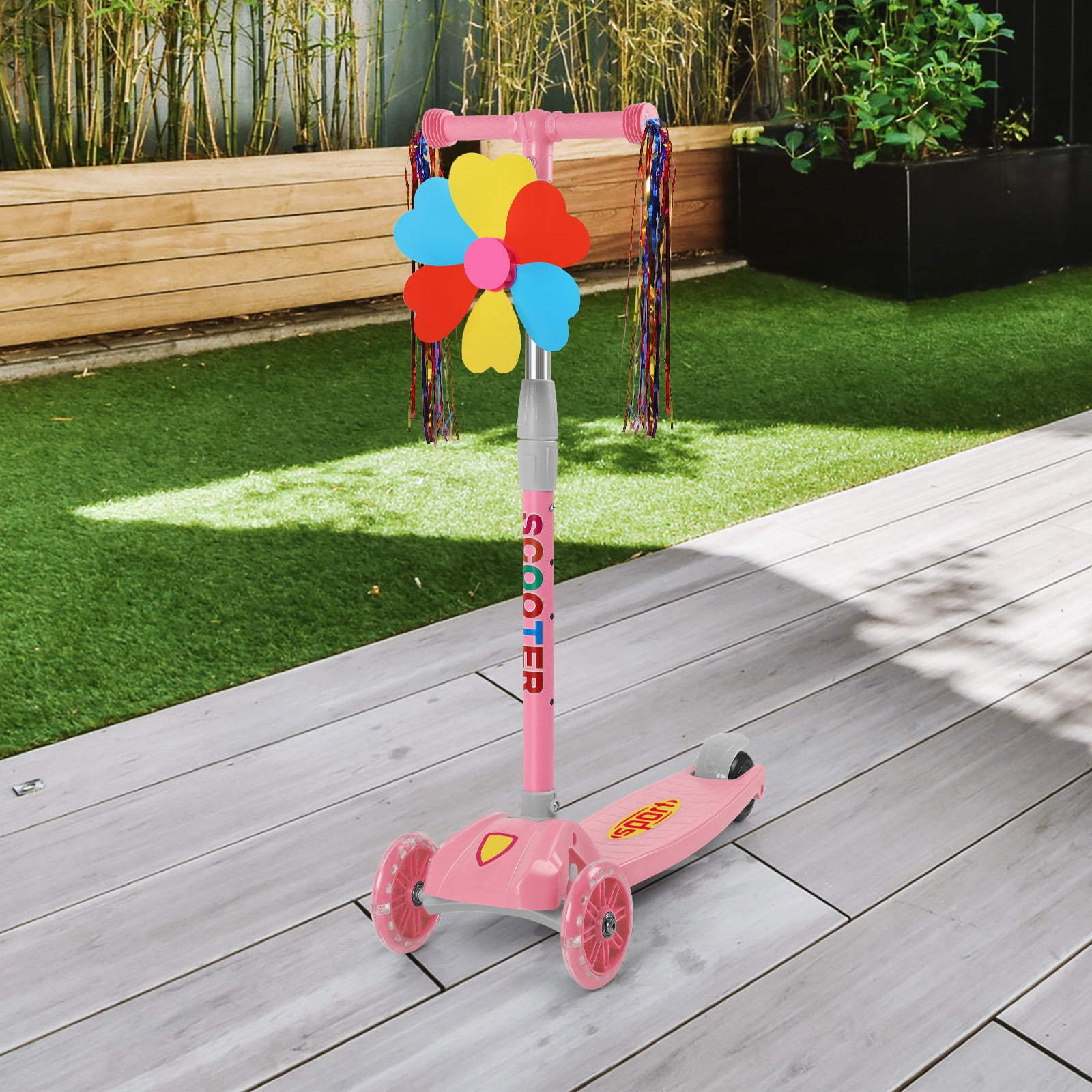 Kick Scooter for Kids, Lightweight and One-Click Foldable Design, Character Kids Kick Scooter with Windmill, Height-Adjustable Handlebar, Handles Decorative with Ribbons, for Boys & Girls