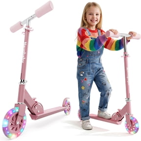Kick Scooter with LED Light-Up Wheels, Foldable Lightweight Design with 3-Level Adjustable Handlebar, 5" Shock-Absorbing Wheels, Non-Slip Deck, for Ages 6–18, 110 lbs Capacity, Light Pink