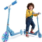 Kick Scooter with LED Light-Up Wheels, Foldable Lightweight Design with 3-Level Adjustable Handlebar, 5" Shock-Absorbing Wheels, Non-Slip Deck, for Ages 6 18, 110 lbs Capacity, Light Blue