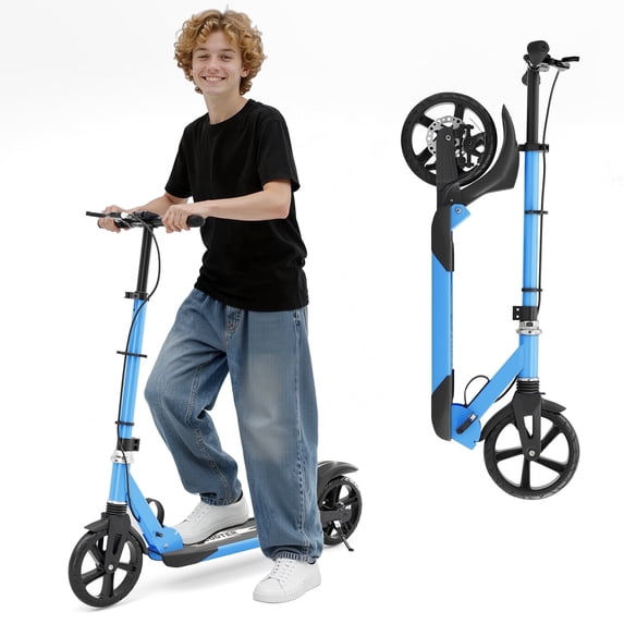 Kick Scooter for Teens & Adults, Lightweight Scooter with Hand Brake & 8" Big Wheels, 4 Adjustable Heights, Smooth ABEC-7 Bearings, Supports Up to 280 lbs, Ideal for Commuting or Leisure Rides, Blue