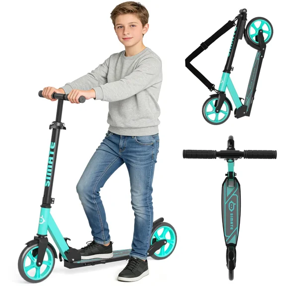 SIMATE Kick Scooter for Teens,Kids Ages 6-12,4 Adjustable Levels,Foldable, Lightweight , 8in Big Wheels,Max Load 240 LBS,Green