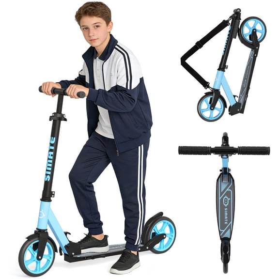 SIMATE Kick Scooter for Teens,Kids Ages 6-12,4 Adjustable Levels,Foldable, Lightweight , 8in Big Wheels,Max Load 240 LBS,Blue