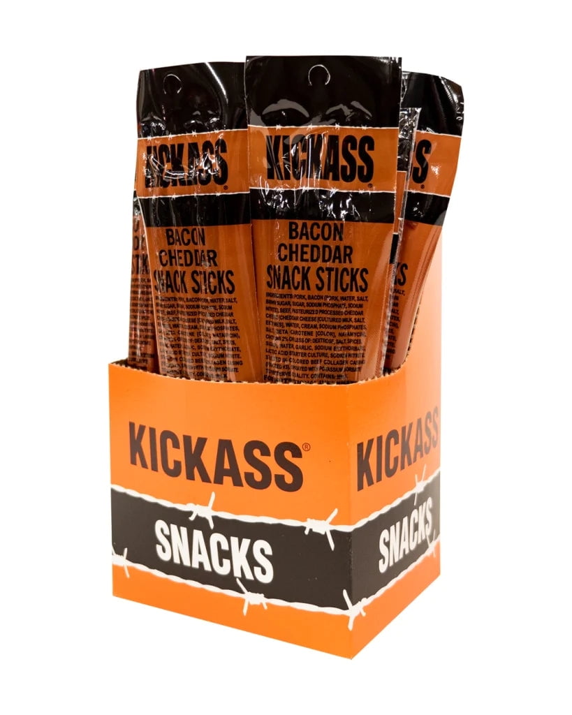 Kickass Bacon Cheddar Twin Pack Snack Sticks 16ct Case - 32 Jerky Sticks - 2oz Packs of Pork and Beef Jerky Meat Sticks - Beef Sticks Meat Snacks - Amazing Beef Stick
