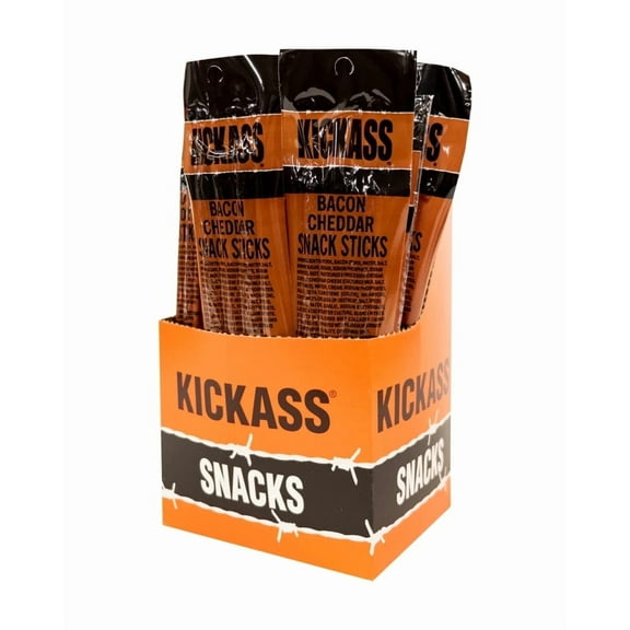Kickass Bacon Cheddar Twin Pack Snack Sticks 16ct Case - 32 Jerky Sticks - 2oz Packs of Pork and Beef Jerky Meat Sticks - Beef Sticks Meat Snacks - Amazing Beef Stick