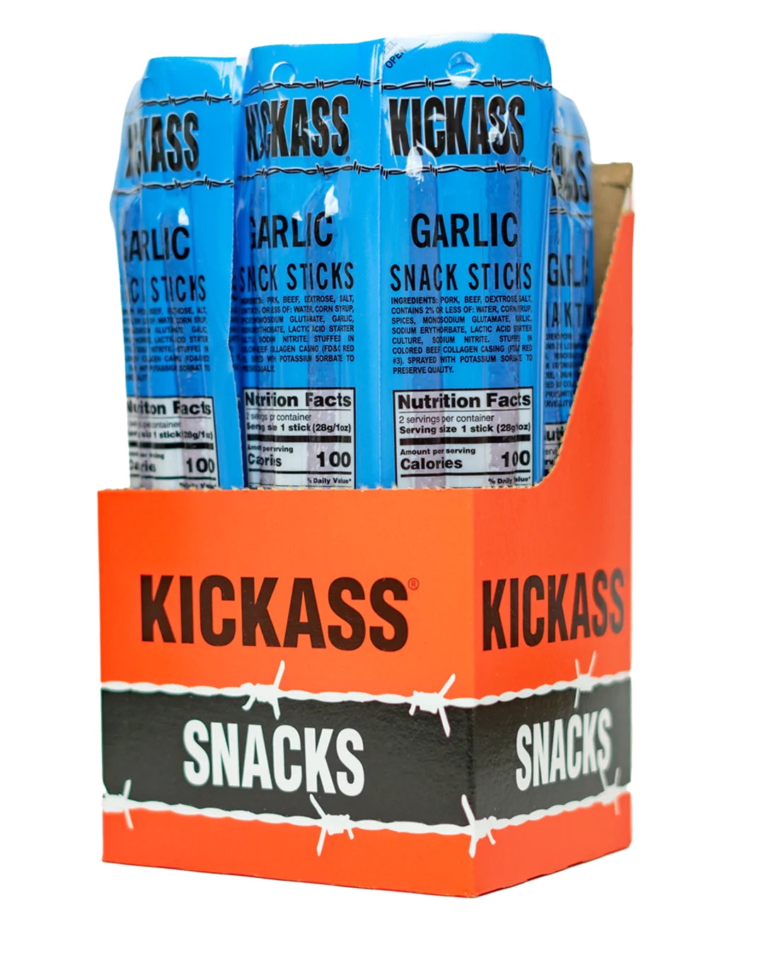 Kickass Garlic Twin Pack Snack Sticks 16ct Case - 32 Jerky Sticks - 2oz Packs of Pork and Beef Jerky Meat Sticks - Beef Sticks Meat Snacks - Amazing Beef Stick