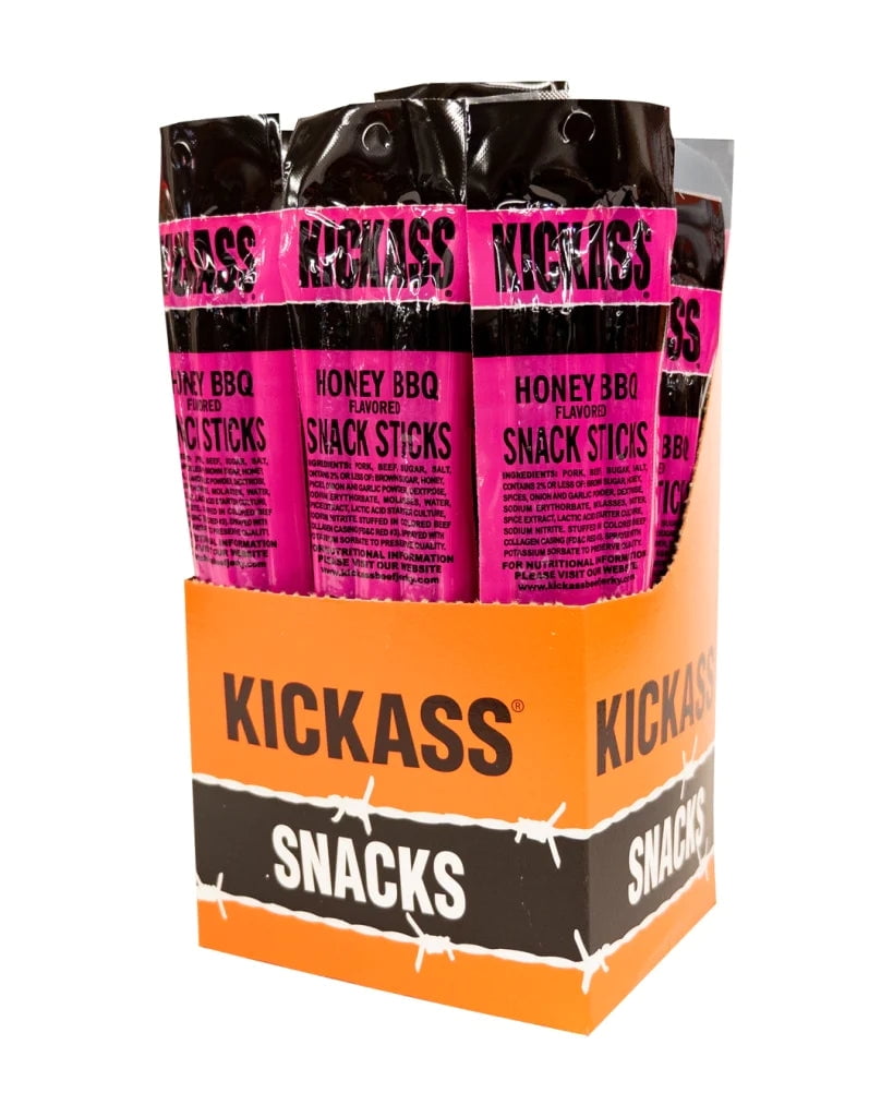 Kickass Honey BBQ Twin Pack Snack Sticks 16ct Case - 32 Jerky Sticks - 2oz Packs of Pork and Beef Jerky Meat Sticks - Beef Sticks Meat Snacks - Amazing Beef Stick