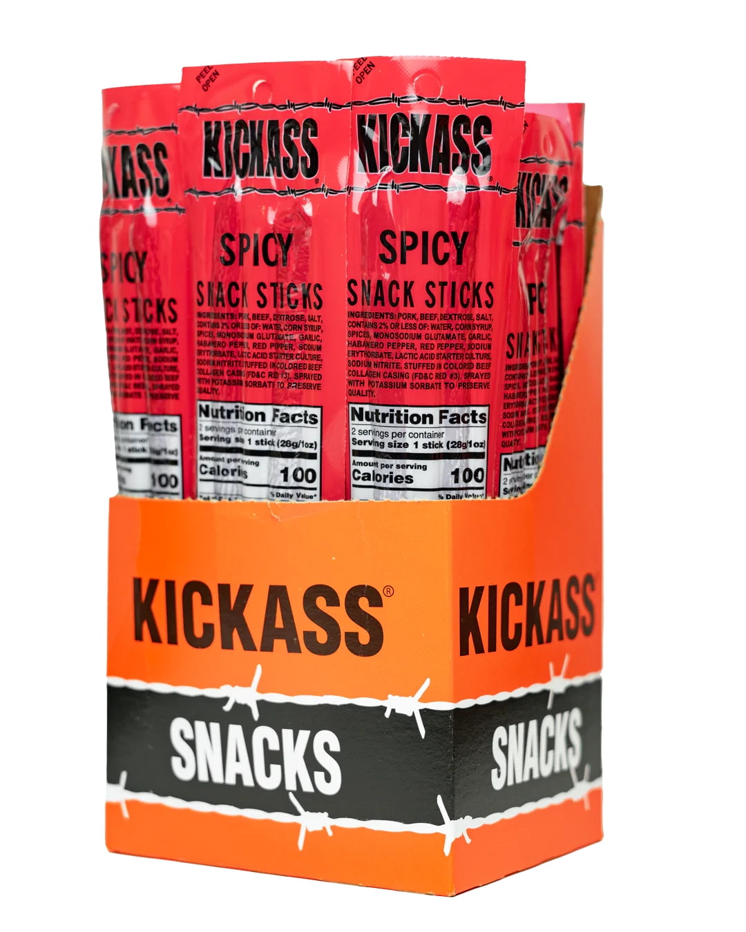 Kickass Spicy Twin Pack Snack Sticks 16ct Case - 32 Jerky Sticks - 2oz Packs of Pork and Beef Jerky Meat Sticks - Beef Sticks Meat Snacks - Amazing Beef Stick