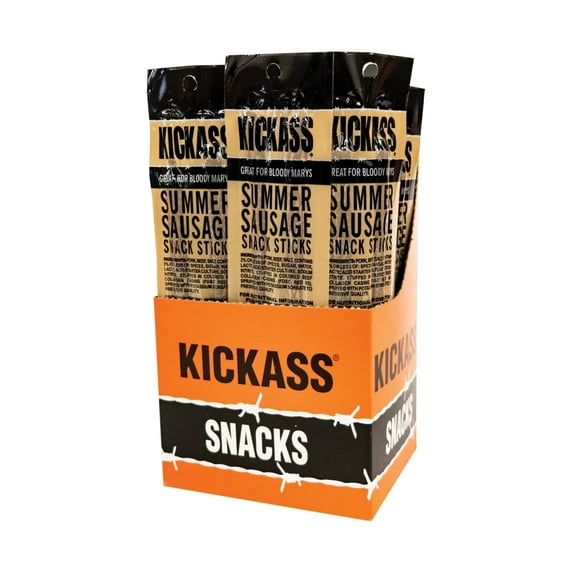 Kickass Summer Sausage Twin Pack Snack Sticks 16ct Case - 32 Jerky Sticks - 2oz Packs of Pork and Beef Jerky Meat Sticks - Beef Sticks Meat Snacks - Amazing Beef Stick