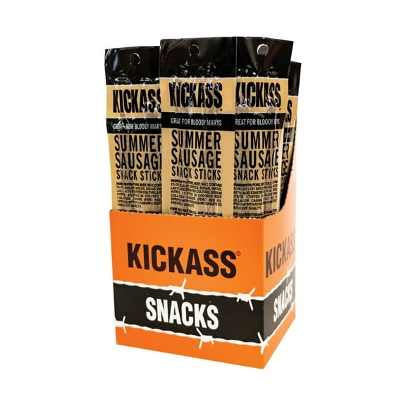 Kickass Summer Sausage Twin Pack Snack Sticks 16ct Case - 32 Jerky Sticks - 2oz Packs of Pork and Beef Jerky Meat Sticks - Beef Sticks Meat Snacks - Amazing Beef Stick