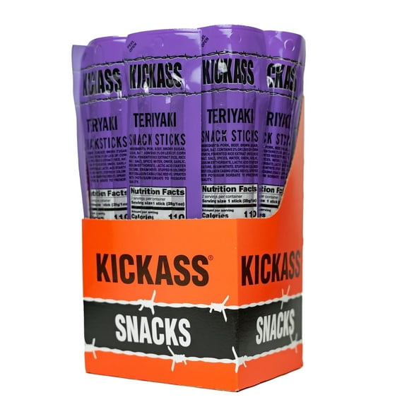 Kickass Teriyaki Twin Pack Snack Sticks 16ct Case - 32 Jerky Sticks - 2oz Packs of Pork and Beef Jerky Meat Sticks
