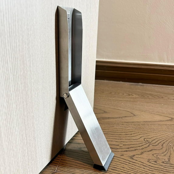 Kickdown Door Stop, Silver Door Stopper Stainless Steel,No Drilling Door Holder with Adhesive Sticker for Bottom of Door, Easy Pedal Kick Down Door Stoppers