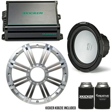Kicker 10 Inch LED Marine Subwoofer (Silver) 600 Watt Amplifier Bundle