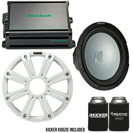 Kicker 12 Inch LED Marine Subwoofer in White with 600 Watt Amplifier Bundle