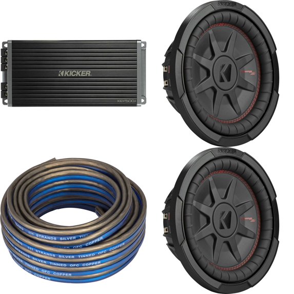 Kicker (2) 48CWRT102 CompRT 10" Subwoofer, DVC, 2-ohm w/ 47Key5001 Amp & Speaker Wire Bundle