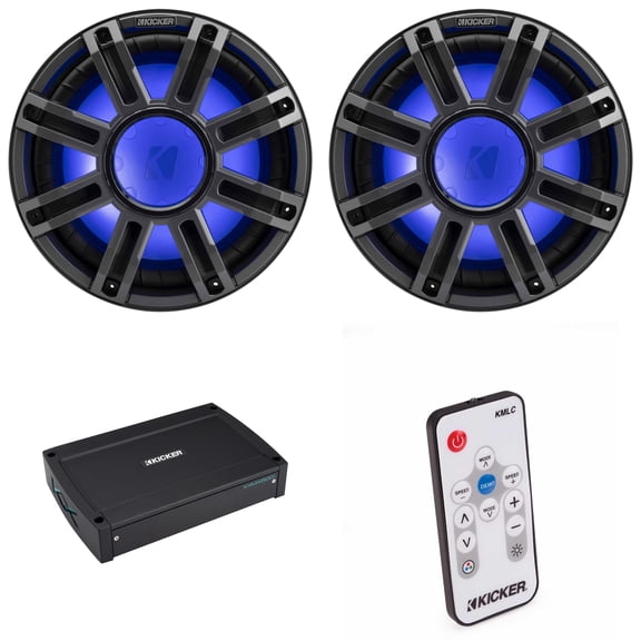 Kicker (2) 51MWE124 - MWE 12-Inch Premium Marine Subwoofer (Enclosure) 4-ohm & 51KXMA15001 Marine Amp Bundle ( Includes LED Remote )