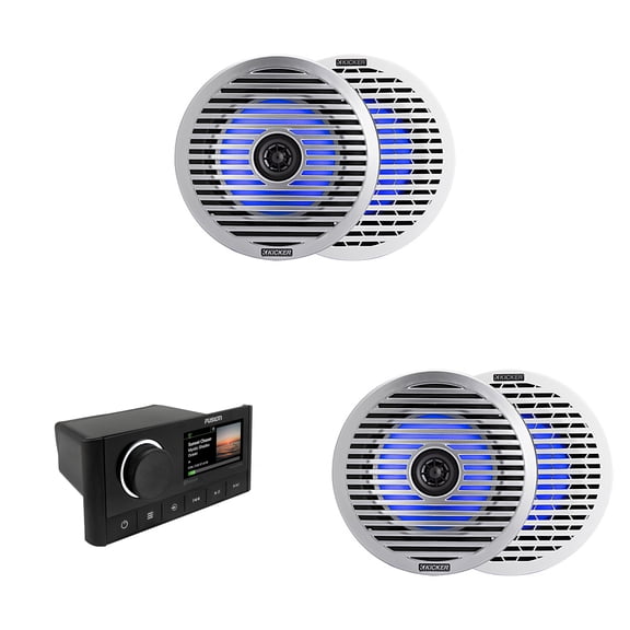 Kicker ( 2 Pair ) 51KM614FL 6.5-Inch (165mm) Thin-Mount Marine Coaxial Speakers with RGB LED, 4-Ohm, White & Silver Grilles Included , Bundled with MS-RA670 Apollo Marine Receiver