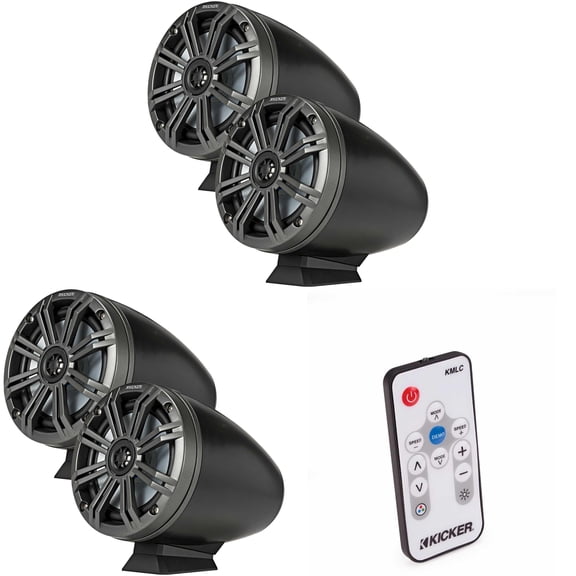 Kicker ( 2 Pair ) KMFC65 6.5" Flat Mount Loaded Marine Wake Towers with 46KM654L Speakers - Charcoal Grills with Black Enclosures ( Includes LED Remote )