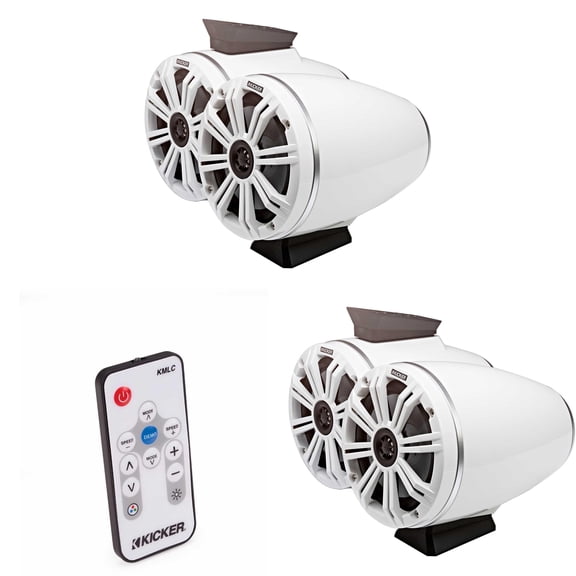 Kicker ( 2 Pair ) KMFC65W 6.5" Flat Mount Loaded Marine Wake Towers with 46KM654L Speakers - White Grills And Enclosures ( Includes LED Remote )