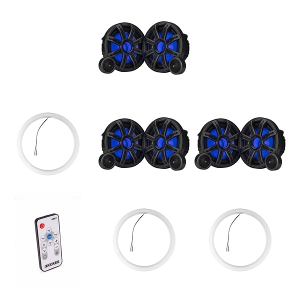Kicker ( 3 Pair ) 51MSS84 8" Component LED Premium Marine Speakers & 47KLSR8 8-Inch LED Spacer Rings & LED Remote Bundle