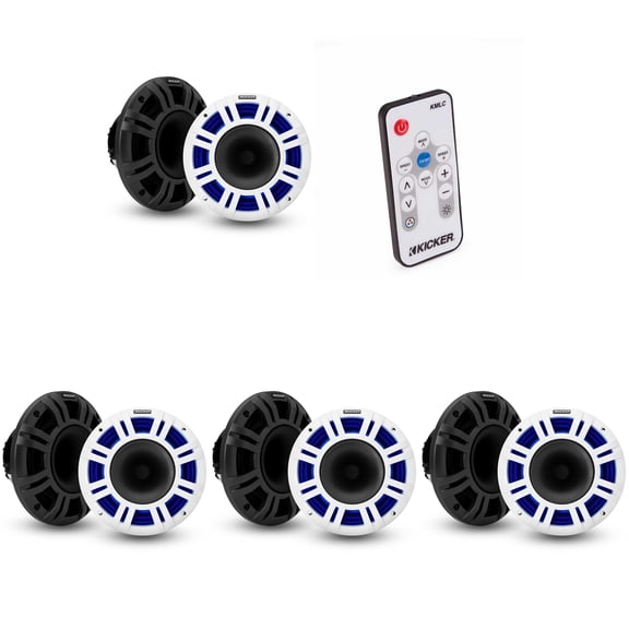 Kicker (4) 48KMXL8 8" 4-Ohm RGB-LED KMXL Horn-Loaded Marine Coaxial Speakers, Pairs w/ LED Remote