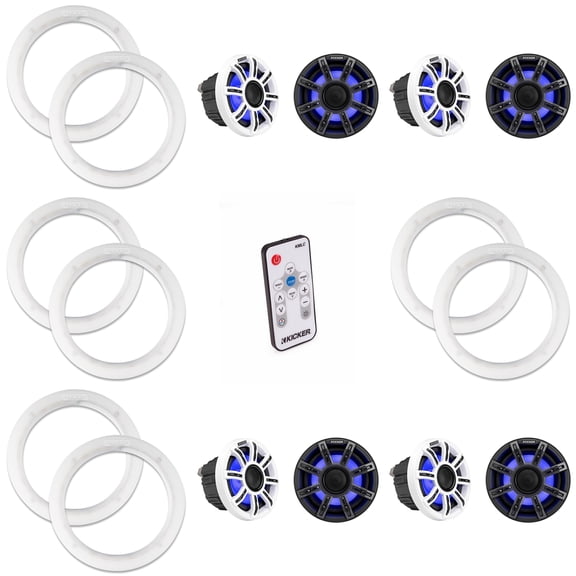 Kicker (4 Pair ) 51MSC65 LED 6.5" Premium Marine Coaxial with a Pair of 50KLSR65 6.5 Led Speaker Ring & LED Remote Bundle