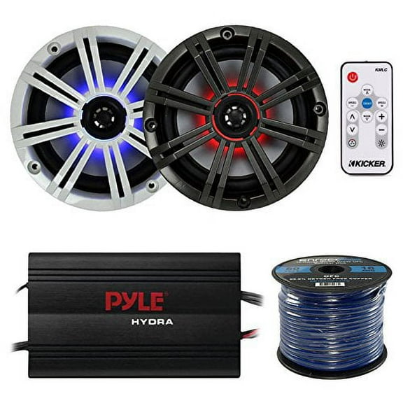 Kicker 41KM84LCW 8" Coaxial Marine Boat LED Light Speaker Combo Package With Pyle Marine 800W 4 Channel iPod/MP3 Power Amplifier + Kicker 41KMLC LED Remote Controller + Enrock 16g 50ft Speaker Wire