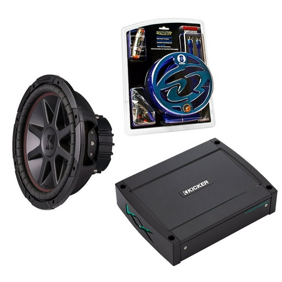 Kicker 43CVR122 400W Sub, Kicker 48KXMA4002 2x200W 2-Ch Amp & SQK8 Amp Kit Blue