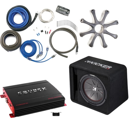 Kicker 43VCWR122 Comp R ported enclosure w/ Crunch PX2000.1D 2000 Watt Max Mono Amp, Wiring Kit, grille, and Bass Knob.