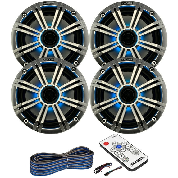 Kicker 45BKM614L 2 Pair 6.5" 2Way 195W Max LED Speakers Silver Grilles, Remote Control, 50-ft Speaker Wire