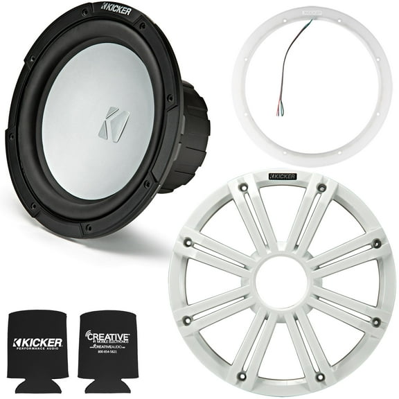Kicker 45KM102 10 Inch Marine Subwoofer 2 Ohm White Grill with 47KLSR10 10 Led Lighted Speaker Ring