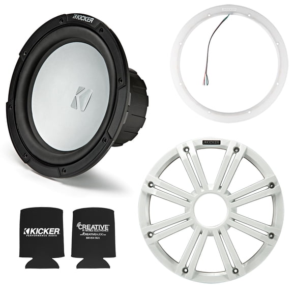 Kicker 45KM104 10 Inch Marine Subwoofer 4 Ohm White Grill with 47KLSR10 10 Led Lighted Speaker Ring