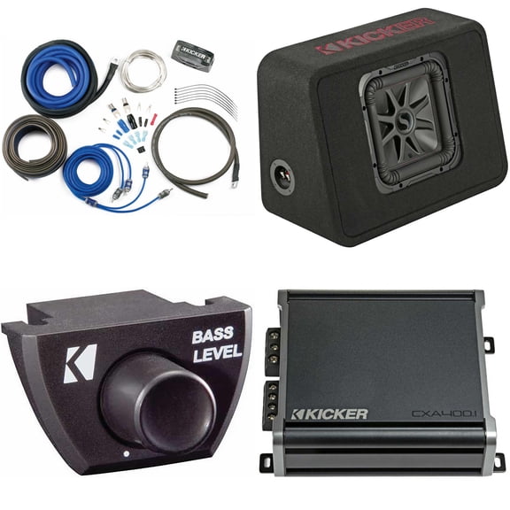 Kicker 45TL7R102 Single 10" L7R Truck Loaded Vented Enclosure - 500 Watts RMS W/ CXA400.1 Amp, Wiring Kit & Bass Knob Bundle