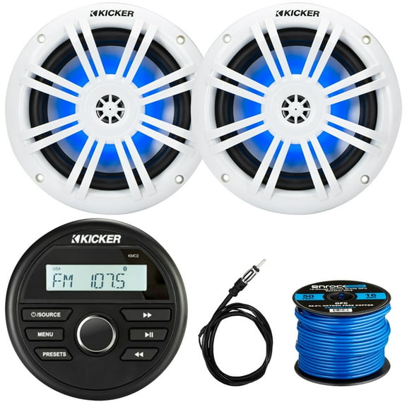 Kicker 46KMC2 All-Weather Marine Bluetooth Gauge Style AM/FM USB/AUX Media Center Receiver, 2x 6.5" 150 Watts Max Power RGB LED Boat Coaxial Speakers, 22" Radio Antenna, 50 Feet 16 Gauge Speaker Wire