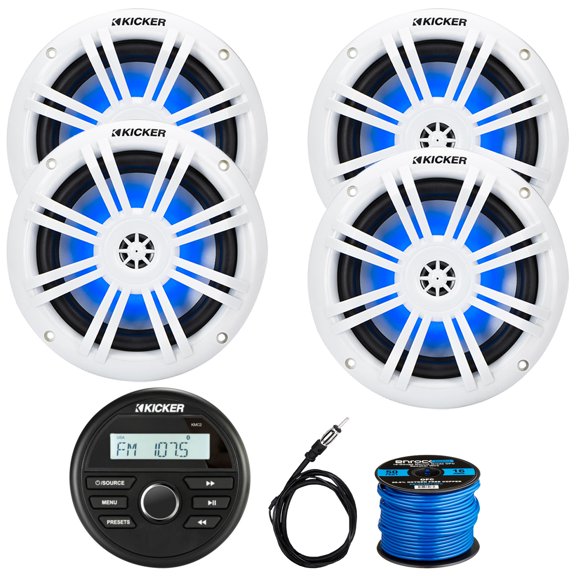 Kicker 46KMC2 All-Weather Marine Bluetooth USB/AUX AM/FM Gauge Style Media Center Receiver, 4x 6.5" 150W Max Power RGB LED Boat Coaxial Speakers, 22" Radio Antenna, 50 Feet 16 Gauge Speaker Wire