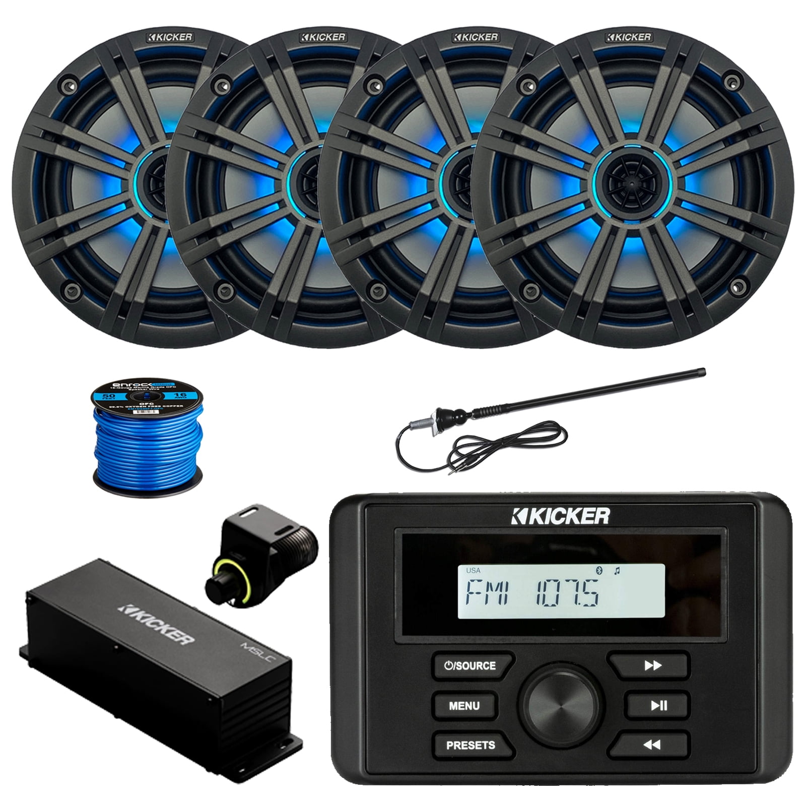 Kicker 46KMC3 Marine Gauge-Style Bluetooth Digital Media Receiver, 4x 6.5" 195 Watt Max Multicolor LED Audio Speakers, Charcoal Grilles, Wired Controller, Antenna w/ Wire