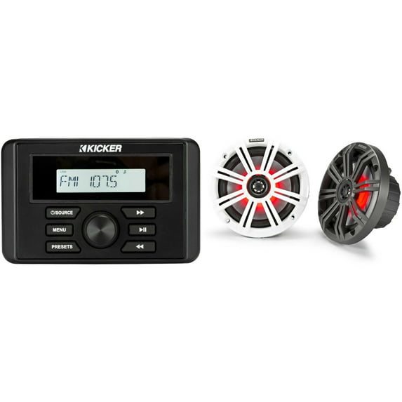 Kicker 46KMC3 Marine Gauge-Style Source & 45KM654L 6.5" Marine LED Speakers bundle