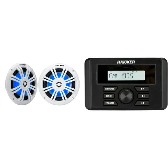 Kicker 46KMC3 Marine Gauge-Style Source  & 51KM604WL 6.5" White Marine LED Speakers bundle