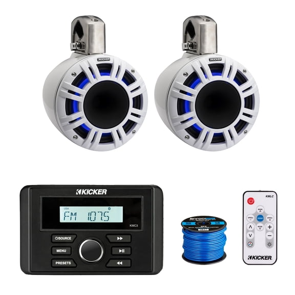 Kicker 46KMC3 Marine Gauge Style USB Bluetooth AM/FM Stereo Square Media Center Receiver, 2x 8" 500 Watt Peak Multicolor LED Horn-Loaded (HLCD) Tower Speakers (White) with LED Remote, 50 Feet Wire