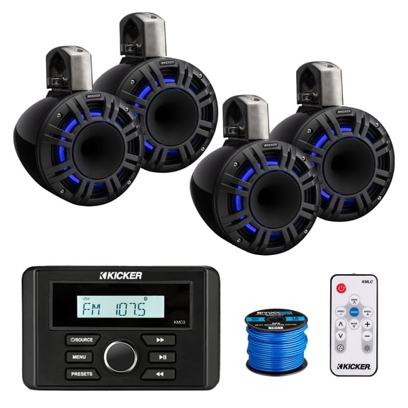 Kicker 46KMC3 Marine Gauge Style USB Bluetooth AM/FM Stereo Square Media Center Receiver, 4x 8" 500 Watt Multicolor LED Horn-Loaded (HLCD) Tower Speakers (Black) with LED Remote, 50 Feet Wire