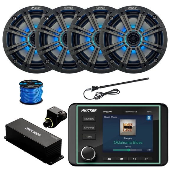 Kicker 46KMC5 Marine Bluetooth Gauge Style AM/FM/WB Radio Receiver, 4x 6.5" 195 Watt Max Multicolor LED Audio Speakers, Charcoal Grilles, Wired Controller, Antenna w/ Wire