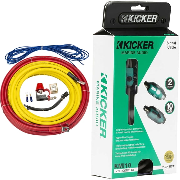 Kicker 47KMPK4 Marine 4awg Amp Power Kit & 47KMI10 10 Meter RCA Cable