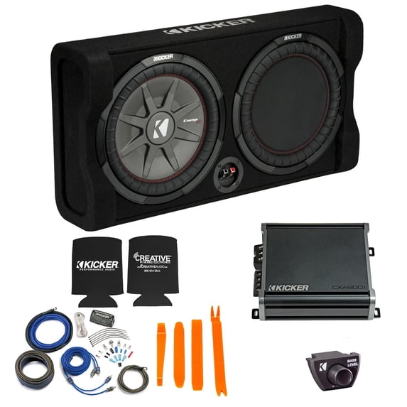 Kicker 47TRTP122 12-Inch Thin Down Firing Subwoofer And Passive Radiator Enclosure, Kicker CX800 amplifier and wire kit