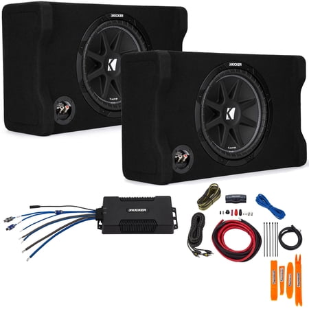 Kicker 48CDF124 Comp (2) 12" Subwoofer in Down Firing enclosure with PXA8001 Small Chassis Amplifier and wire kit