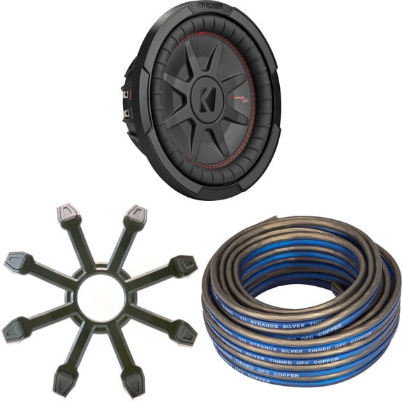 Kicker 48CWRT102 CompRT 10" Subwoofer, DVC, 2-ohm w/ Speaker Wire, Grill Bundle