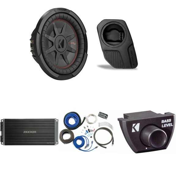 Kicker 48CWRT102 Subwoofer BR-DS10U Add-On & 47KEY5001, Bass Knob, CK8 Amp Kit Bundle Compatible With 2021-2025 Ford Bronco 4-Door Rear Door