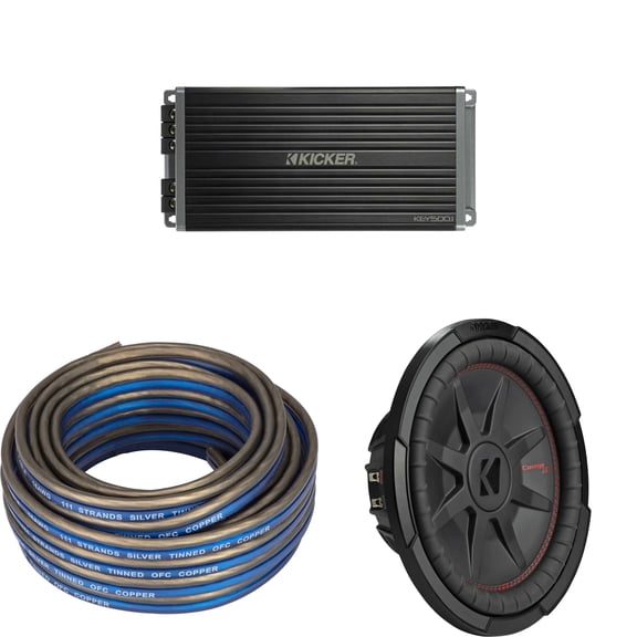 Kicker 48CWRT124 CompRT 12" Subwoofer, DVC, 4-ohm w/ 47Key5001 Amp & Speaker Wire Bundle