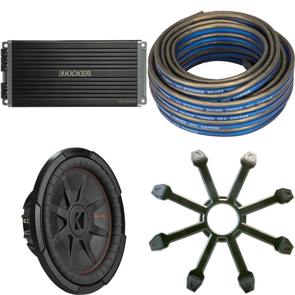Kicker 48CWRT124 CompRT 12" Subwoofer, DVC, 4-ohm w/ 47Key5001 Amp & Speaker Wire, Grill Bundle