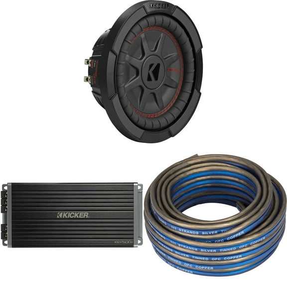 Kicker 48CWRT84 CompRT 8" Subwoofer, DVC, 4-ohm w/ 47Key5001 Amp & Speaker Wire Bundle