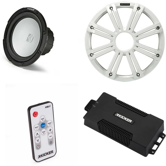 Kicker 48PXA6001 Weatherproof Powersport Mono Amp & 10" 4 Ohm Free-Air Marine Subwoofer ( White Grill ) Includes LED Remote